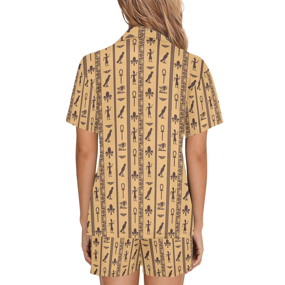Egypt Hieroglyphics Pattern Print Design 02 Women's V-Neck Short Pajama Set