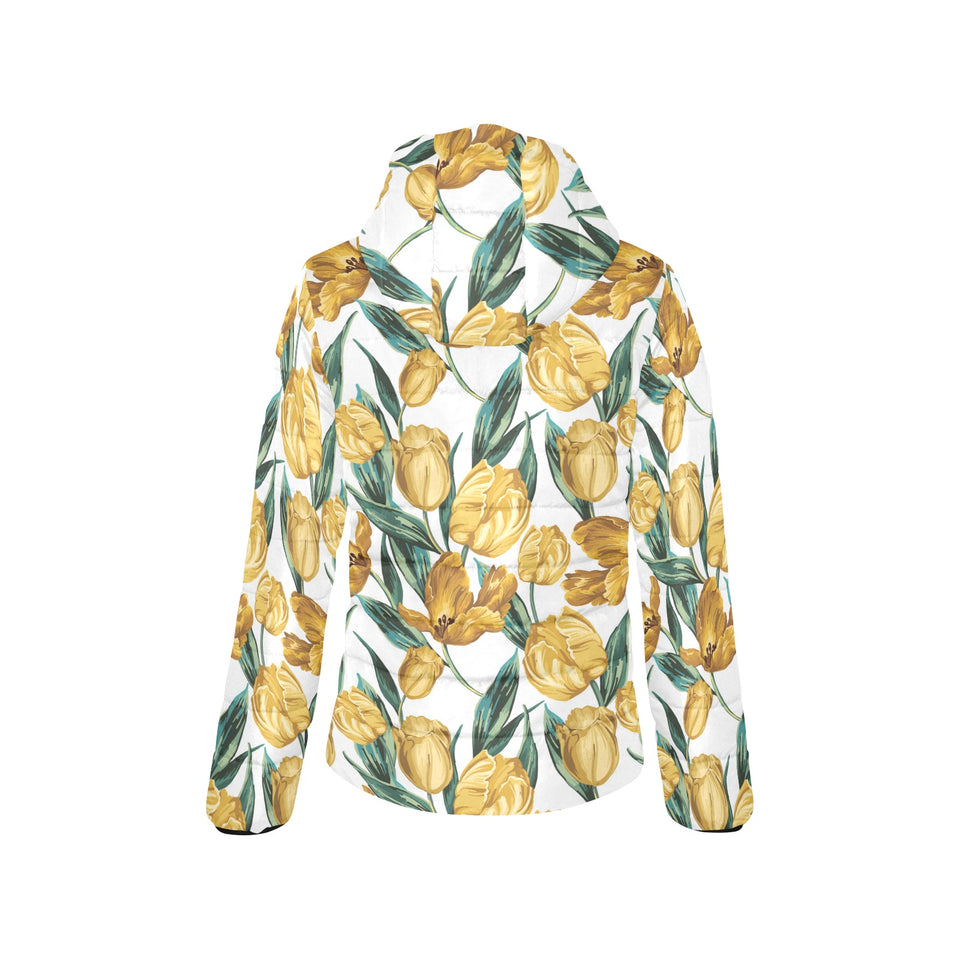 yellow tulips pattern Women's Padded Hooded Jacket