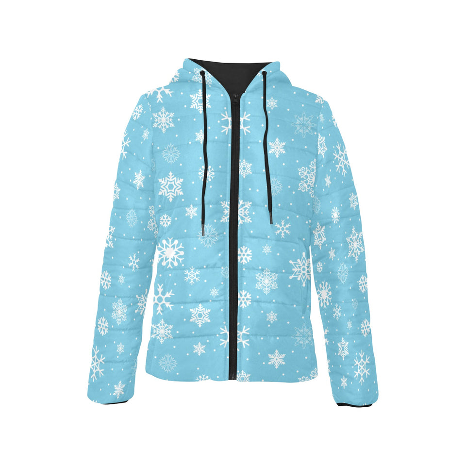 Snowflake pattern blue background Women's Padded Hooded Jacket
