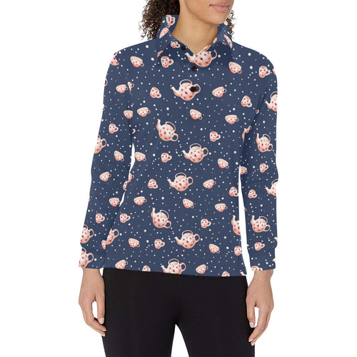Tea pots Pattern Print Design 04 Women's Long Sleeve Polo Shirt