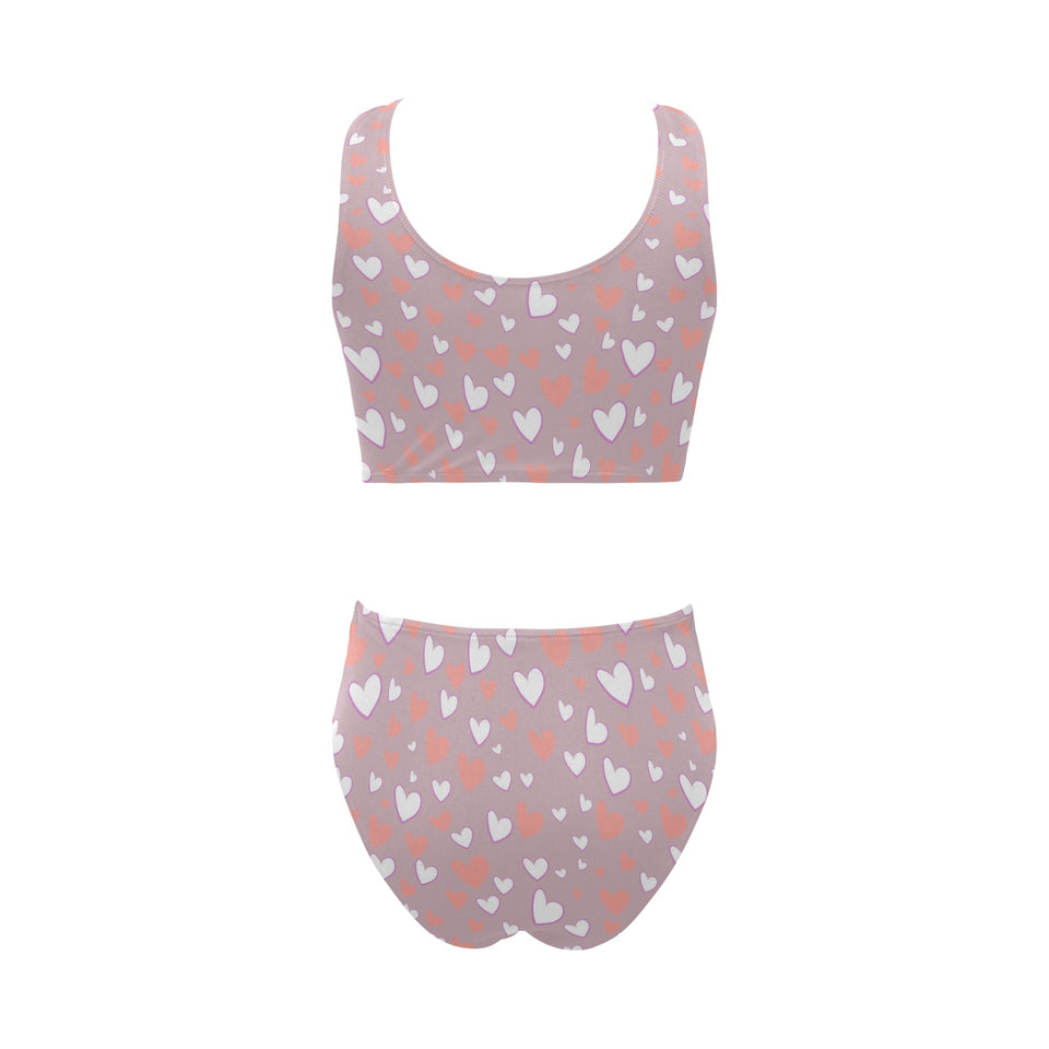 coral white heart pattern Chest Bowknot High Waisted Bikini Swimsuit