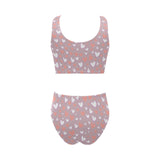 coral white heart pattern Chest Bowknot High Waisted Bikini Swimsuit