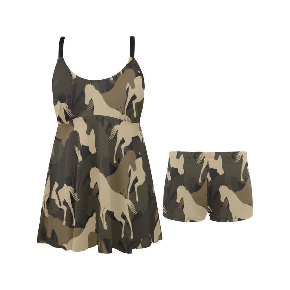 Horse Camouflage Pattern Chest Sexy Pleated Two Piece Swim Dress
