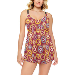 Gear Pattern Print Design 04 Chest Sexy Pleated Two Piece Swim Dress