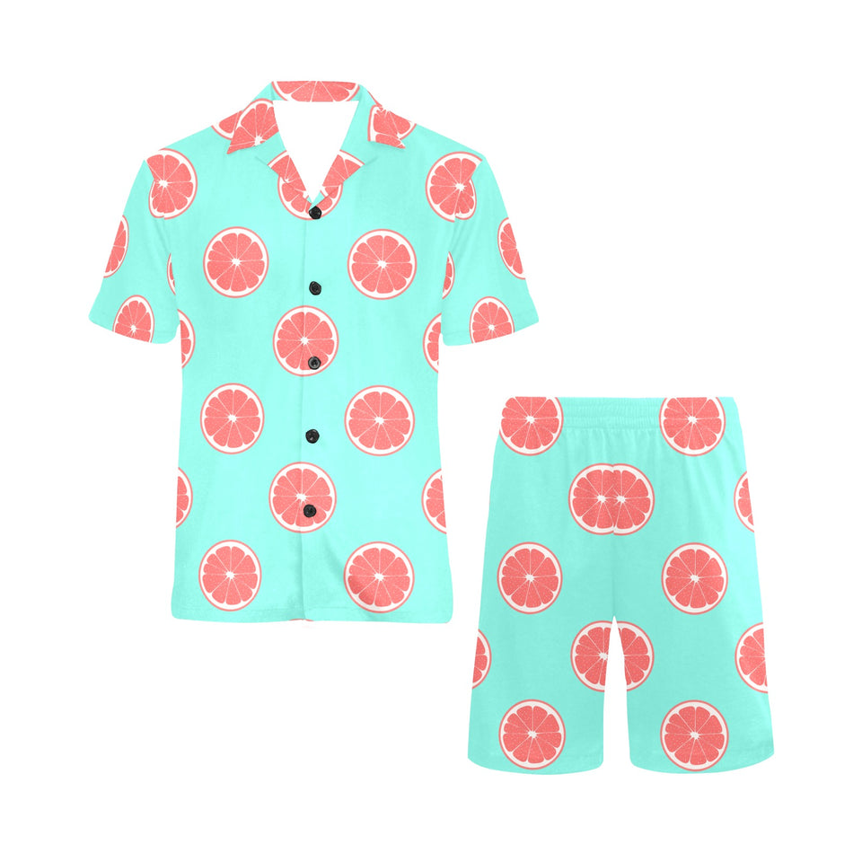 Grapefruit green background Men's V-Neck Short Pajama Set