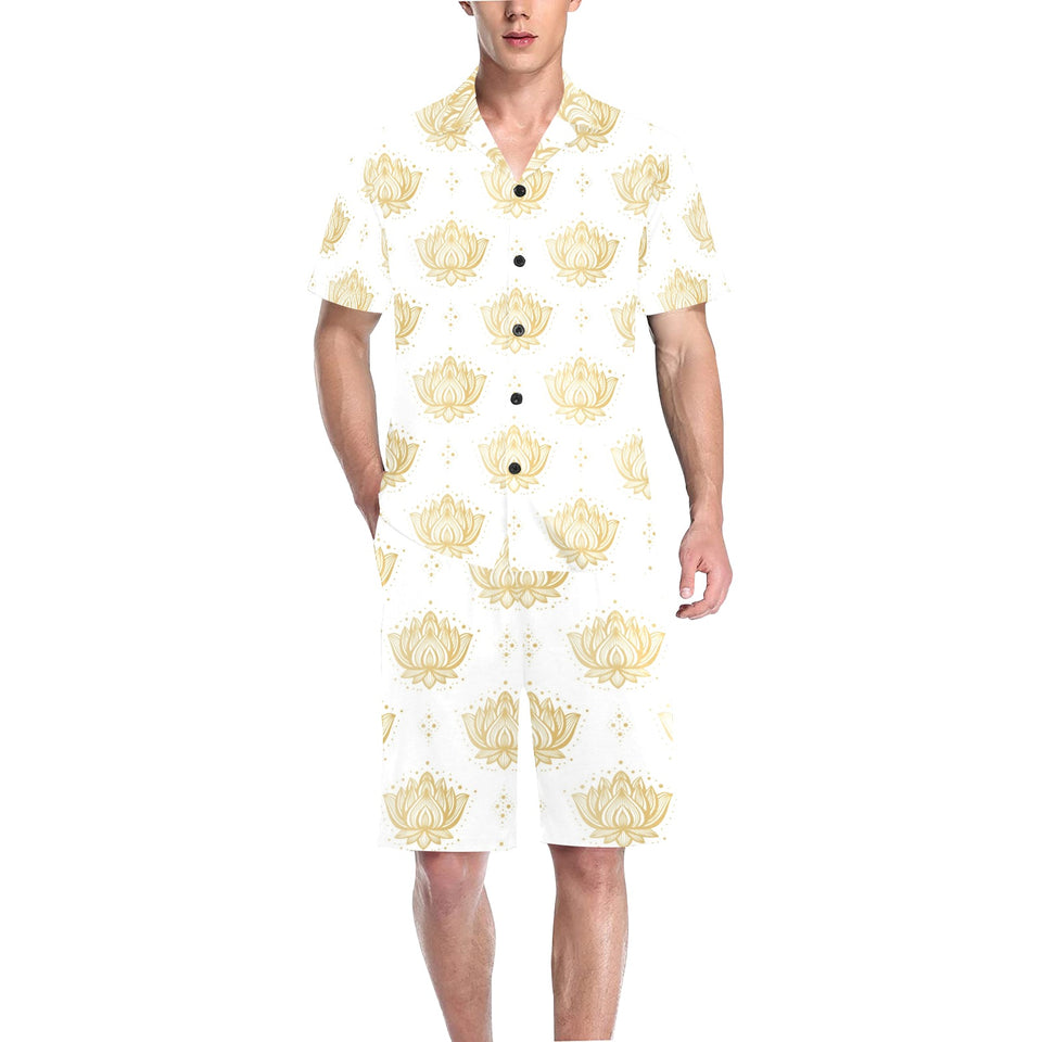 Gold Ornamental lotue waterlily symbol pattern Men's V-Neck Short Pajama Set