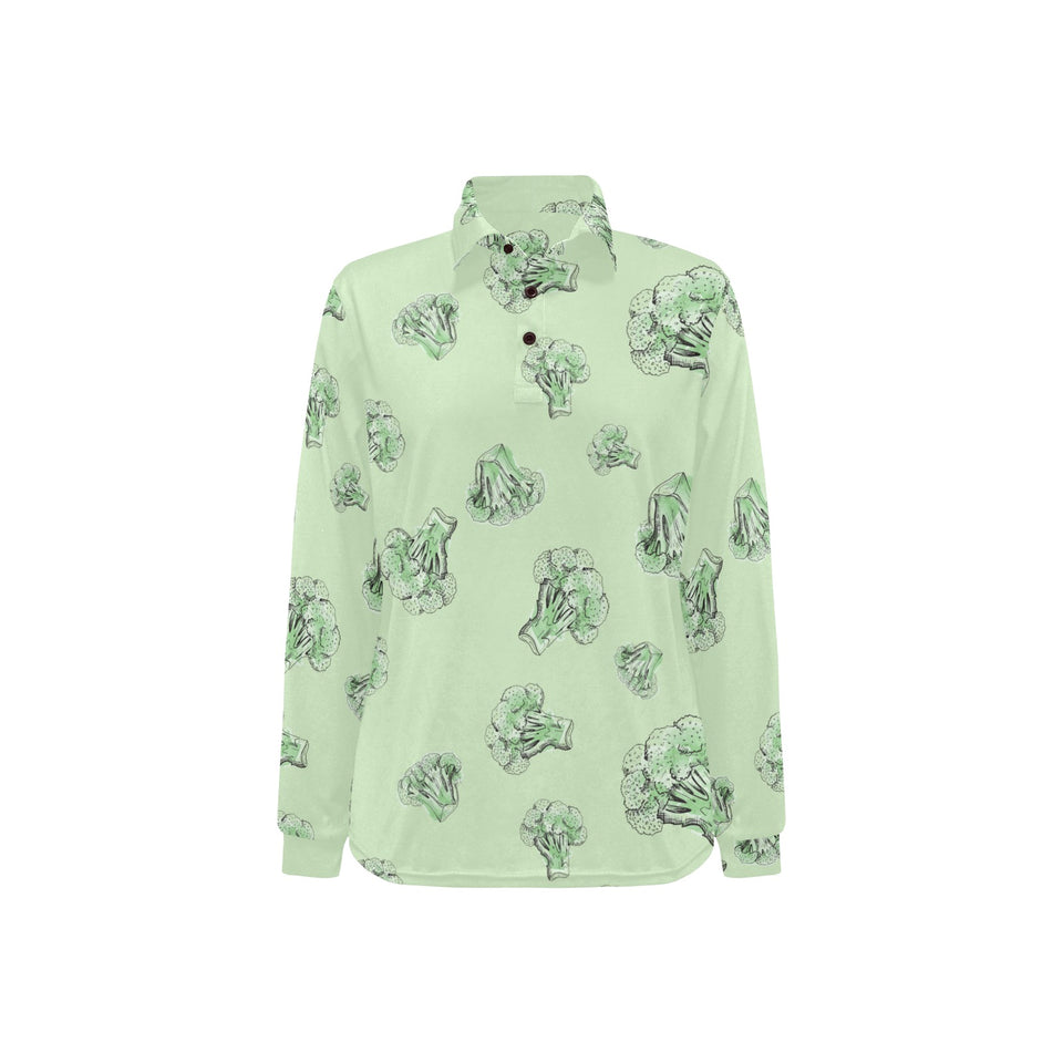 broccoli sketch pattern Women's Long Sleeve Polo Shirt