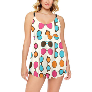 Sun Glasses Pattern Print Design 03 Chest Sexy Pleated Two Piece Swim Dress