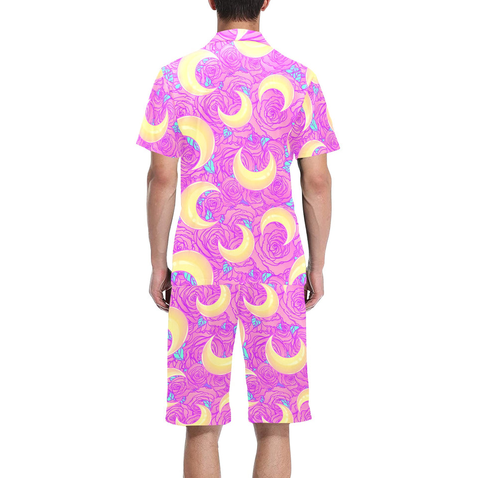 Moon pink rose background Men's V-Neck Short Pajama Set