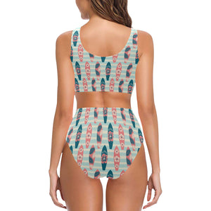 Surfboard Pattern Print Design 02 Chest Bowknot High Waisted Bikini Swimsuit