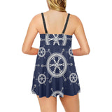 nautical steering wheel design pattern Chest Sexy Pleated Two Piece Swim Dress