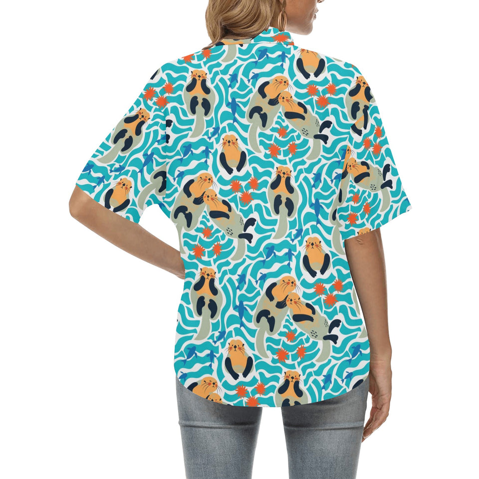 Cute sea otters fishe sea urchin pattern Women's All Over Print Hawaiian Shirt