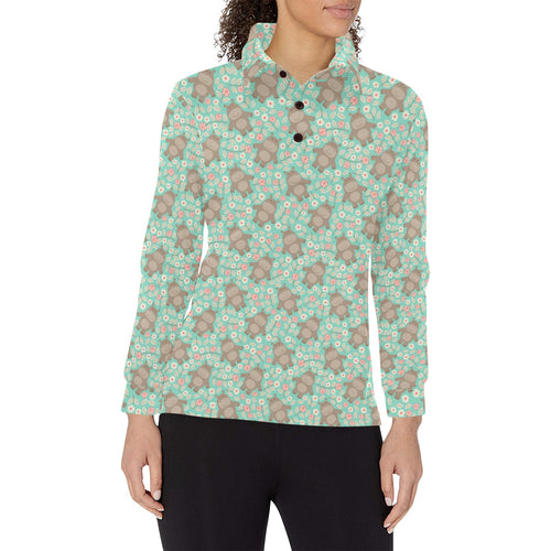 Hippopotamus Pattern Print Design 02 Women's Long Sleeve Polo Shirt