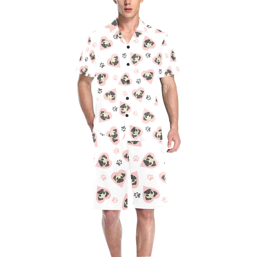 Cute pugs pink heart paw pattern Men's V-Neck Short Pajama Set