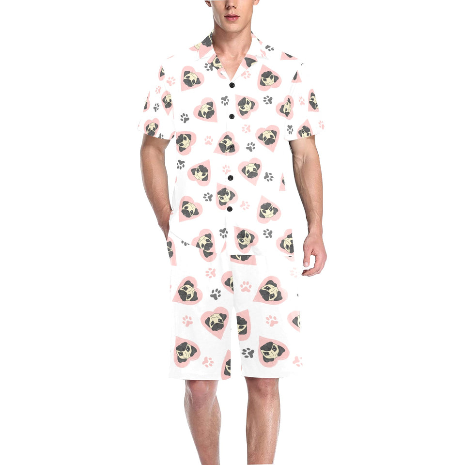 Cute pugs pink heart paw pattern Men's V-Neck Short Pajama Set