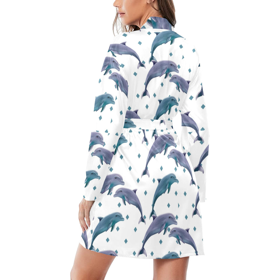 Dolphins pattern dotted background Women's Long Sleeve Belted Night Robe