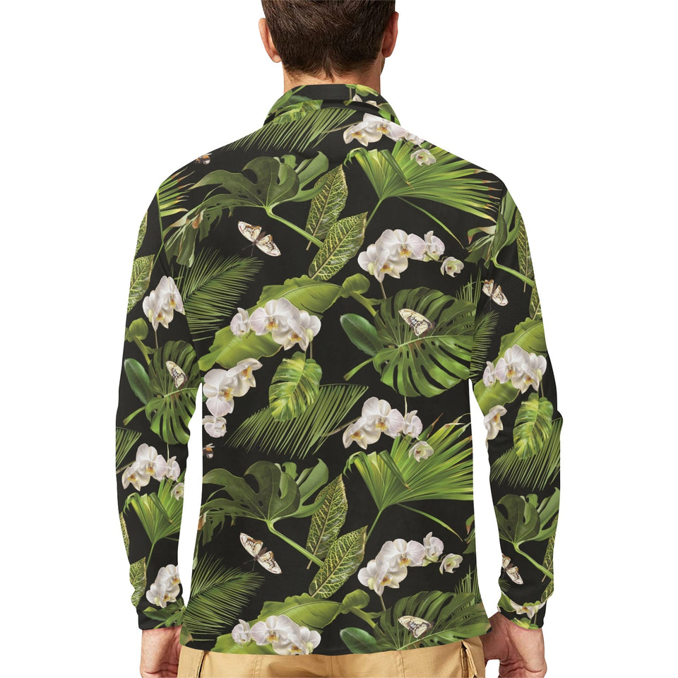 White orchid flower tropical leaves pattern blackg Men's Long Sleeve Polo Shirt