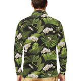 White orchid flower tropical leaves pattern blackg Men's Long Sleeve Polo Shirt