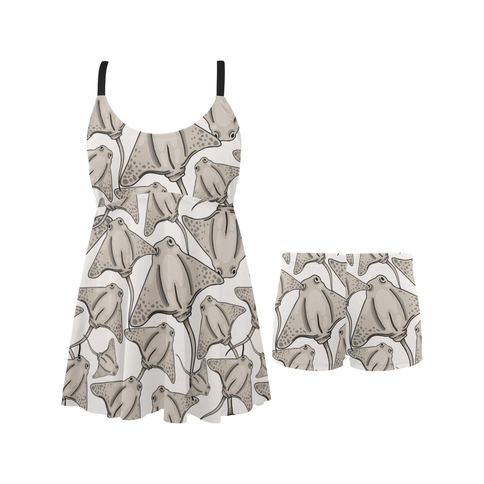 Stingray Pattern Print Design 05 Chest Sexy Pleated Two Piece Swim Dress