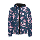 Pink sakura cherry blossom blue background Men's Padded Hooded Jacket