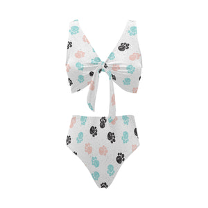 Dog Paws Pattern Print Design 04 Chest Bowknot High Waisted Bikini Swimsuit