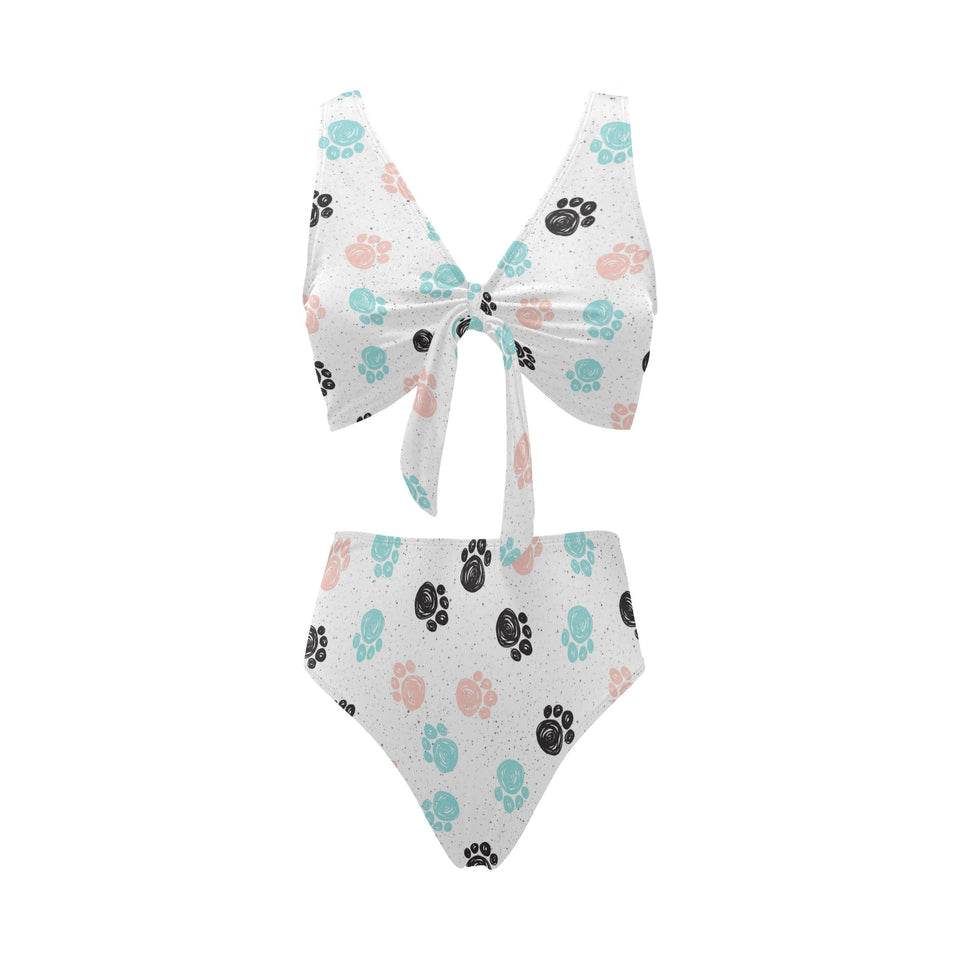 Dog Paws Pattern Print Design 04 Chest Bowknot High Waisted Bikini Swimsuit