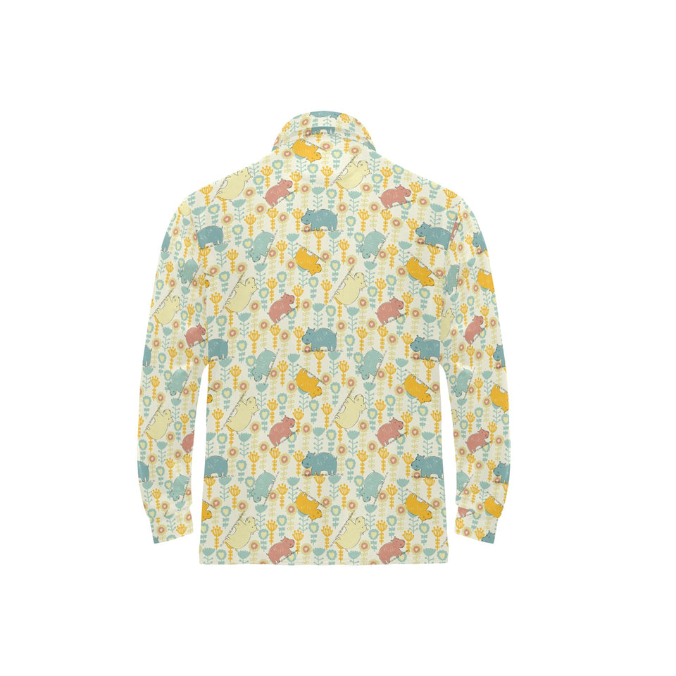 Hippopotamus Pattern Print Design 04 Men's Long Sleeve Polo Shirt