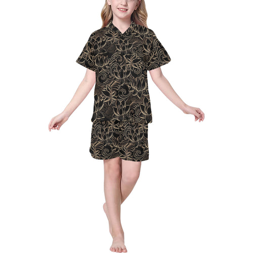 luxurious gold lotus waterlily black background Kids' Boys' Girls' V-Neck Short Pajama Set