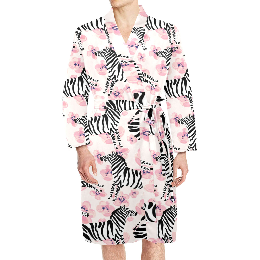 Zebra pink flower background Men's Long Sleeve Belted Night Robe