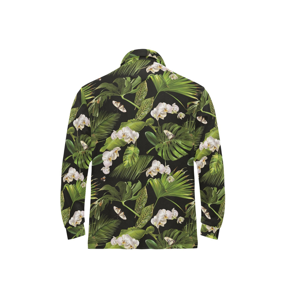 White orchid flower tropical leaves pattern blackg Men's Long Sleeve Polo Shirt