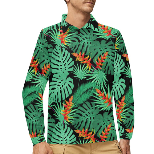 heliconia flower palm monstera leaves black backgr Men's Long Sleeve Polo Shirt