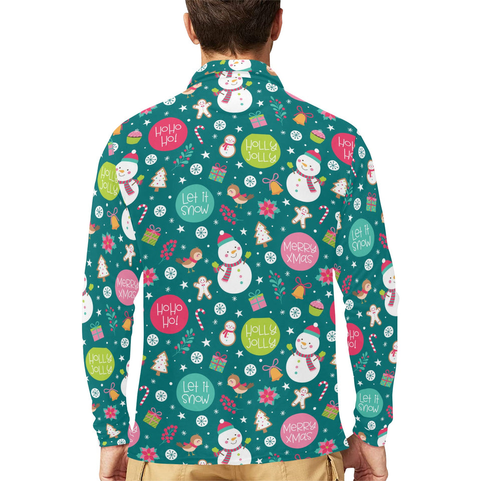 Snowman bird decorative elements christmas pattern Men's Long Sleeve Polo Shirt
