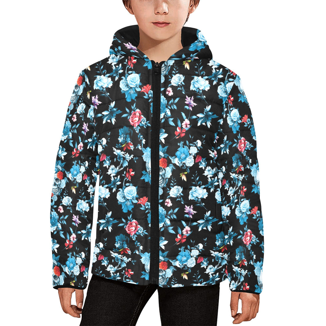 Skull flower roses leave pattern Kids' Boys' Girls' Padded Hooded Jacket