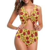 Pizza texture pattern Chest Bowknot High Waisted Bikini Swimsuit