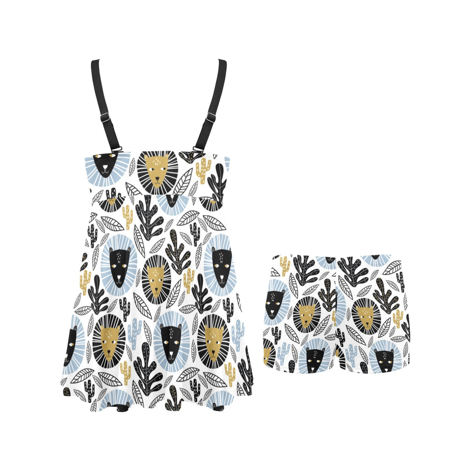 Lion Pattern Print Design 05 Chest Sexy Pleated Two Piece Swim Dress