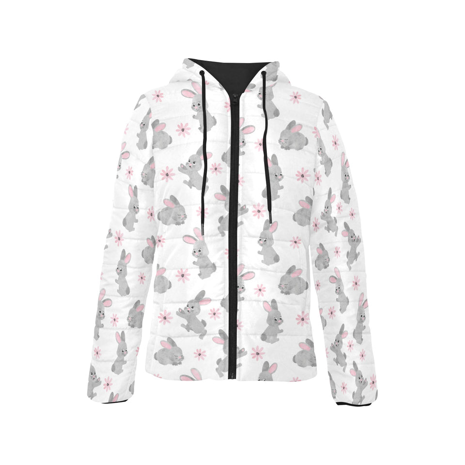 Watercolor cute rabbit pattern Women's Padded Hooded Jacket