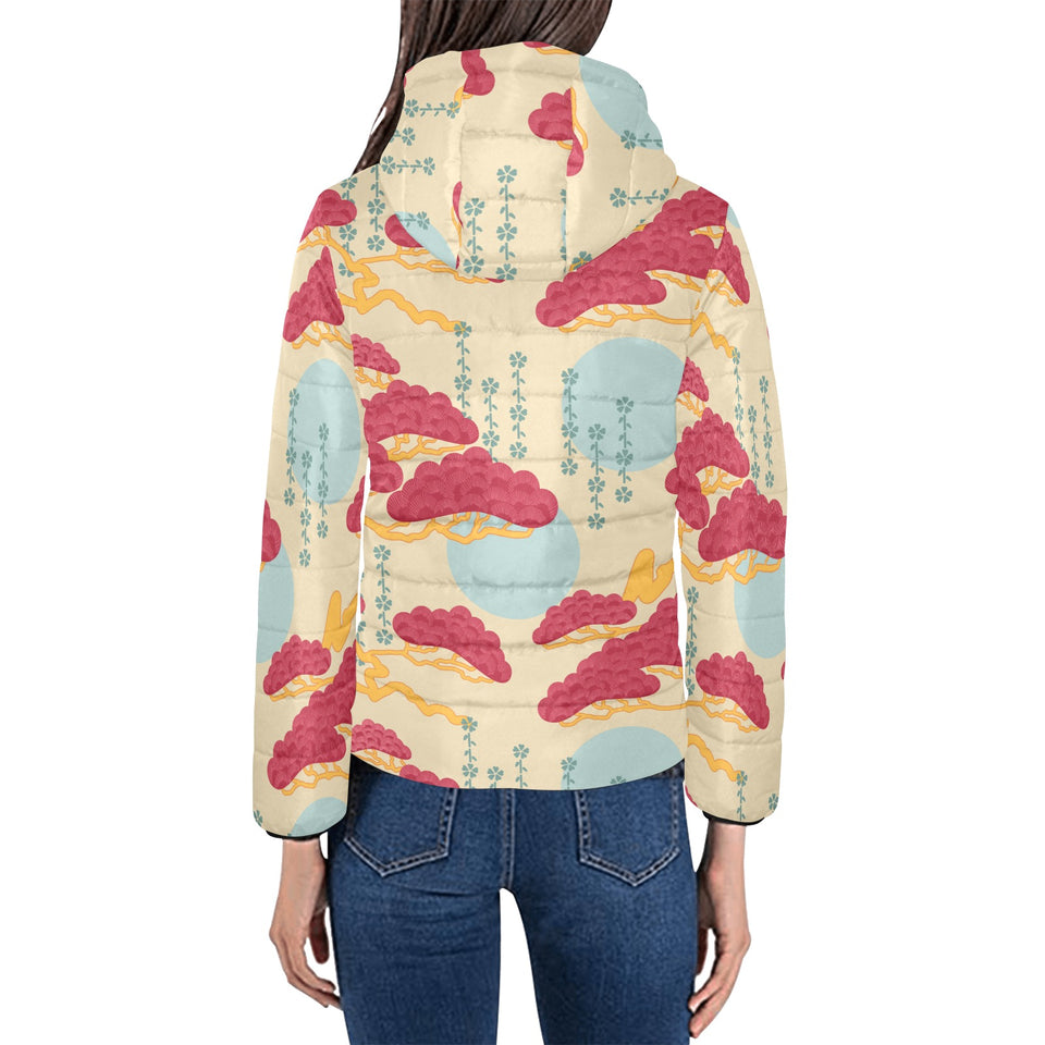 Red Bonsai gray sun japanese pattern Women's Padded Hooded Jacket