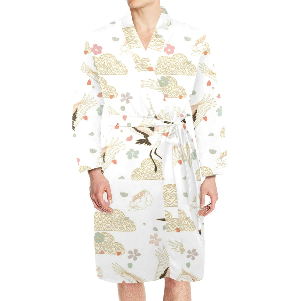 Beautiful Japanese cranes pattern Men's Long Sleeve Belted Night Robe