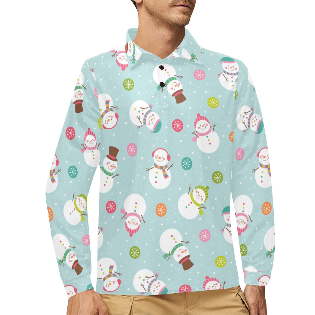 Cute snowman snowflake pattern Men's Long Sleeve Polo Shirt