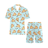 Hand drawn pizza blue background Men's V-Neck Short Pajama Set