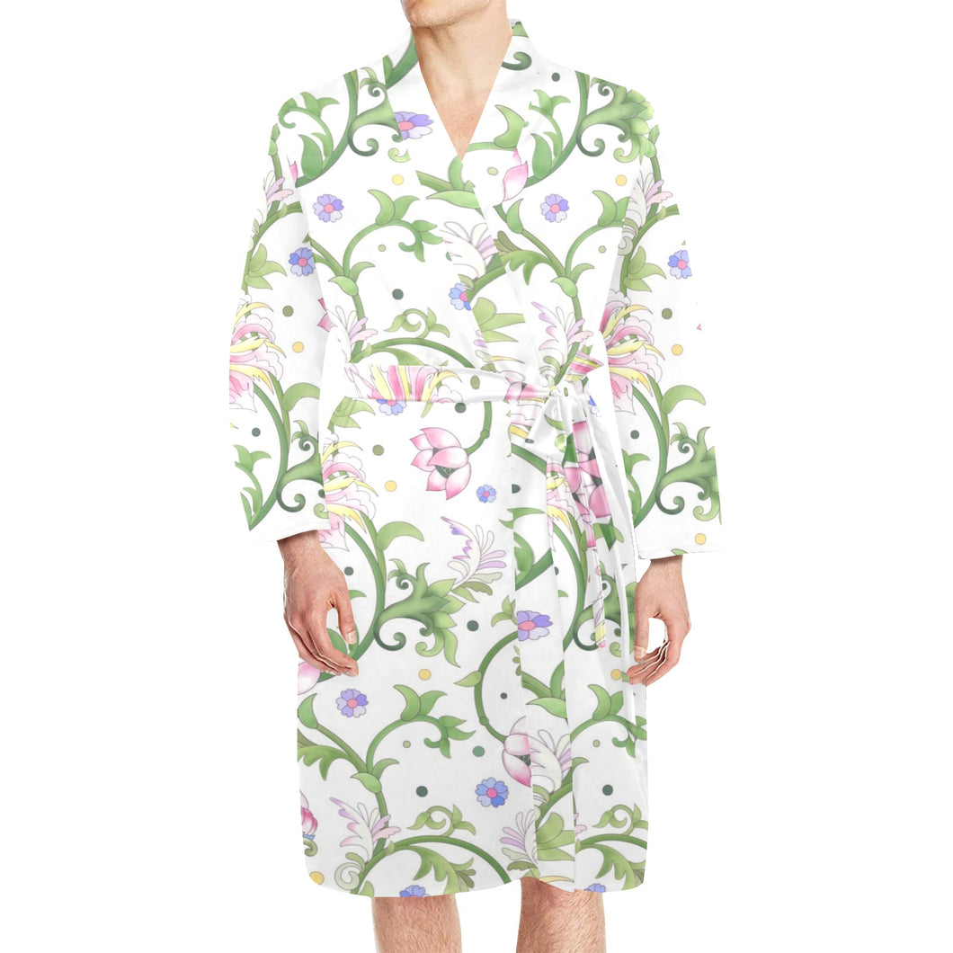 Beautiful pink lotus waterlily leaves pattern Men's Long Sleeve Belted Night Robe
