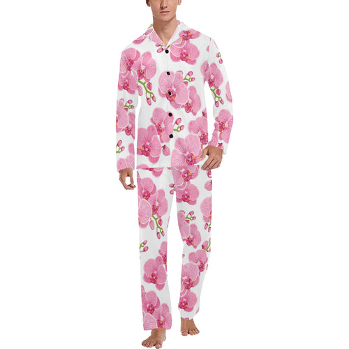 pink purple orchid pattern background Men's Long Pajama Set