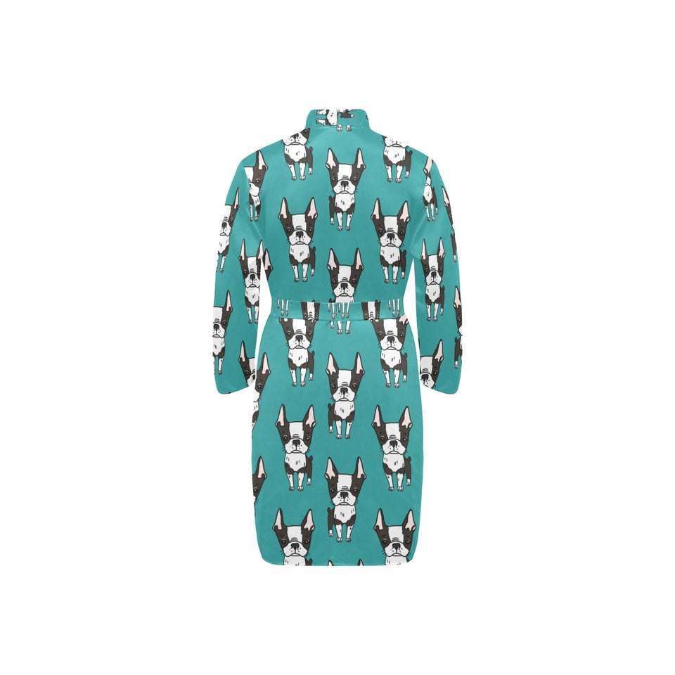 Hand drawn boston terrier dog pattern Men's Long Sleeve Belted Night Robe