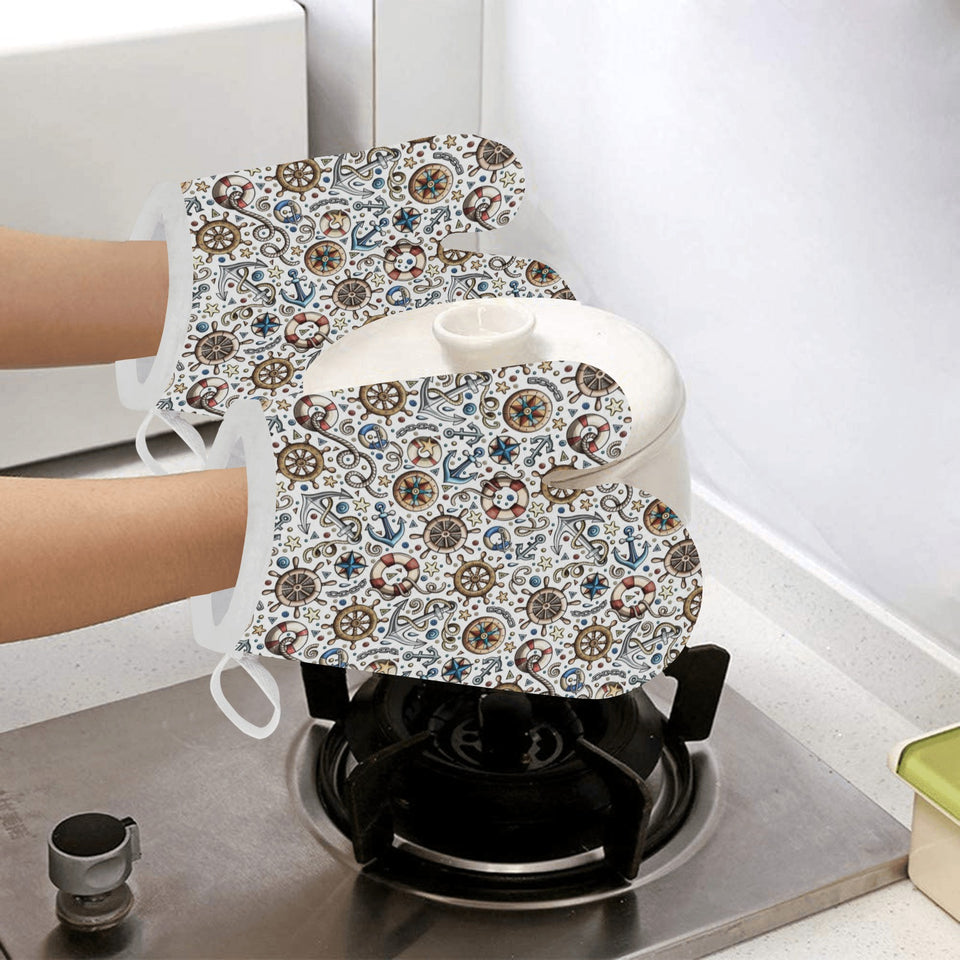 Cute nautical steering wheel anchor pattern Heat Resistant Oven Mitts