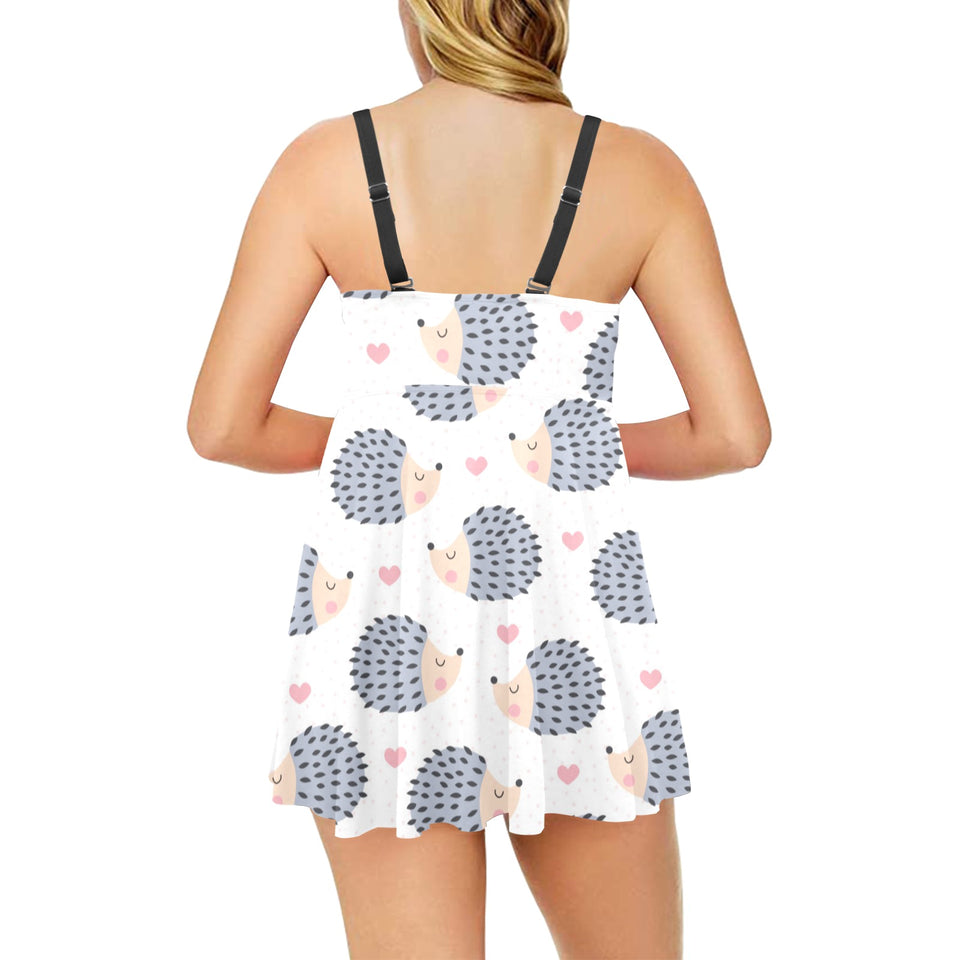 Hedgehog Pattern Print Design 04 Chest Sexy Pleated Two Piece Swim Dress