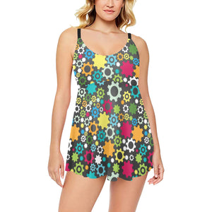 Gear Pattern Print Design 03 Chest Sexy Pleated Two Piece Swim Dress