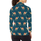 Camel pattern blue blackground Women's Long Sleeve Polo Shirt