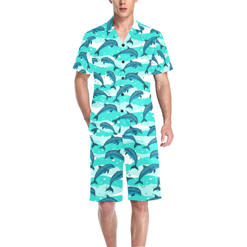 Dolphin sea pattern Men's V-Neck Short Pajama Set