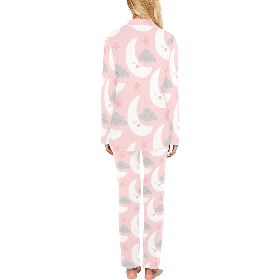 Cute moon cloud star pattern pink dot background Women's Long Pajama Set