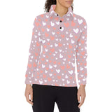 coral white heart pattern Women's Long Sleeve Polo Shirt